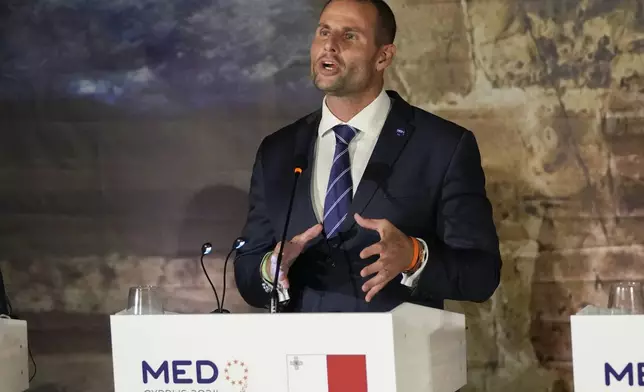 Malta's Prime Minister Robert Abela, speaks during a press conference in Paphos ,Cyprus, on Friday, Oct 11, 2024 as the leaders of nine southern European Union member countries and Jordan are meeting to come up with ways of de-escalating the conflict in the Middle East (AP Photo/Petros Karadjias)