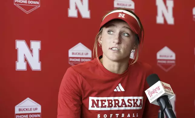 FILE - Nebraska softball player Jordy Bahl speaks during a news conference Wednesday, Sept. 13, 2023, at Bowlin Stadium in Lincoln, Neb. (Nikos Frazier/Omaha World-Herald via AP, File)