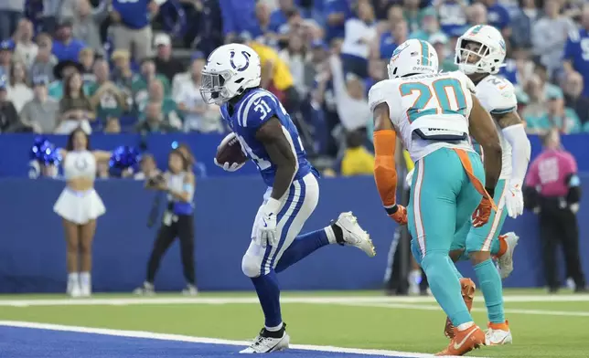 Indianapolis Colts running back Tyler Goodson (31) scores during the second half of an NFL football game against the Miami Dolphins, Sunday, Oct. 20, 2024 in Indianapolis. (AP Photo/AJ Mast)