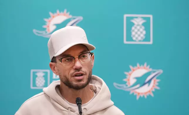 Miami Dolphins head coach Mike McDaniel speaks during a news conference, Monday, Oct. 21, 2024, at the Dolphins training facility in Miami Gardens, Fla. (AP Photo/Wilfredo Lee)