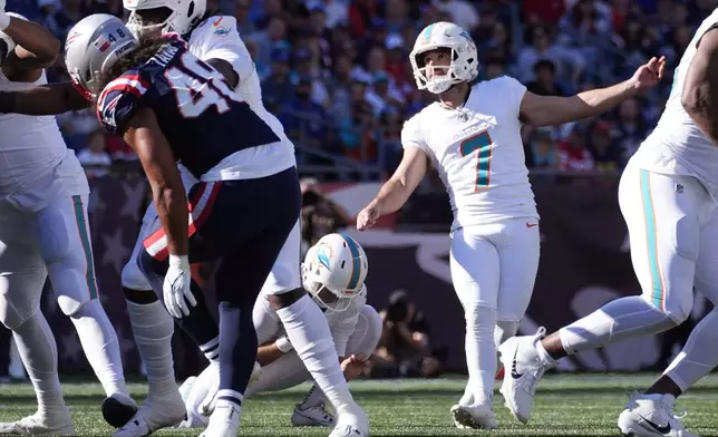 Miami Dolphins place kicker Jason Sanders (7) watches his field goal, his third of the game, during the second half of an NFL football game against the New England Patriots, Sunday, Oct. 6, 2024, in Foxborough, Mass. (AP Photo/Michael Dwyer)