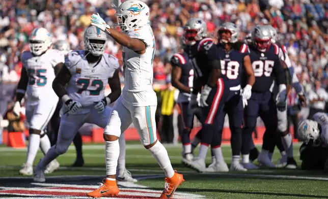 Miami Dolphins fullback Alec Ingold, center, celebrates after his touchdown during the second half of an NFL football game against the New England Patriots, Sunday, Oct. 6, 2024, in Foxborough, Mass. (AP Photo/Steven Senne)