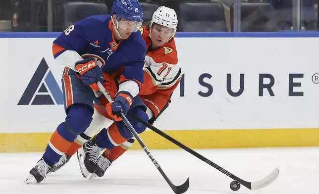 New York Islanders' Pierre Engvall and Anaheim Ducks' Trevor Zegras battle for control of the puck during the first period of an NHL game, Tuesday, Oct. 29, 2024 in Elmont, N.Y. (AP Photo/Heather Khalifa)