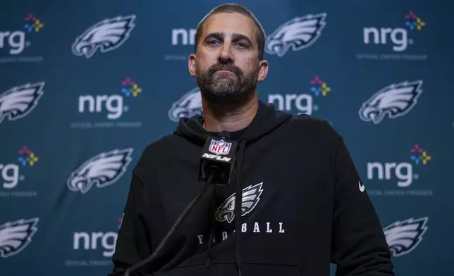 Philadelphia Eagles head coach Nick Sirianni talks to reporters following an NFL football game against the Cincinnati Bengals, Sunday, Oct. 27, 2024, in Cincinnati. The Eagles won 37-17. (AP Photo/Carolyn Kaster)