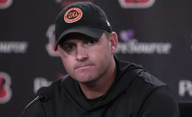 Cincinnati Bengals head coach Zac Taylor talks to reporters following an NFL football game against the Philadelphia Eagles, Sunday, Oct. 27, 2024, in Cincinnati. The Eagles won 37-17. (AP Photo/Jeff Dean)