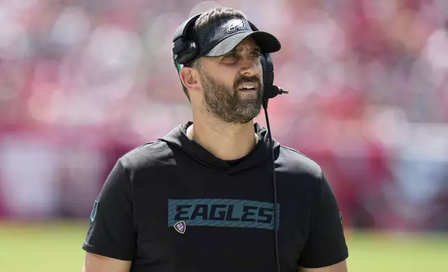 Philadelphia Eagles head coach Nick Sirianni walks the sidelines during the first half of an NFL football game against the Tampa Bay Buccaneers, Sunday, Sept. 29, 2024, in Tampa, Fla. (AP Photo/Chris O'Meara)