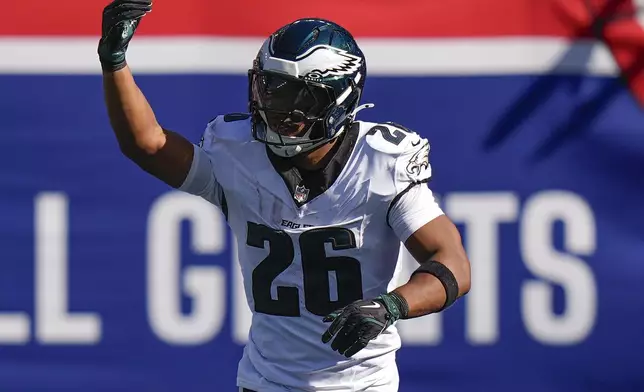 Philadelphia Eagles running back Saquon Barkley (26) reacts after carrying the ball down inside the New York Giants 5-yard line during the second quarter of an NFL football game, Sunday, Oct. 20, 2024, in East Rutherford, N.J. (AP Photo/Frank Franklin II)