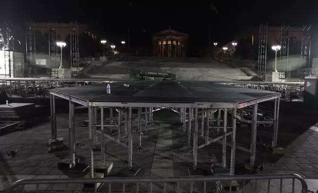 Stage construction has begun, for a Harris/Walz election eve rally, in front of the Art Museum in Philadelphia on Thursday, Oct. 31, 2024. (Elizabeth Robertson/The Philadelphia Inquirer via AP)