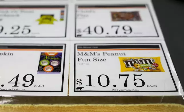 Prices of Halloween products are displayed on a counter of the Kaktovik Kikiktak Store in Kaktovik, Alaska, Wednesday, Oct. 16, 2024. (AP Photo/Lindsey Wasson)