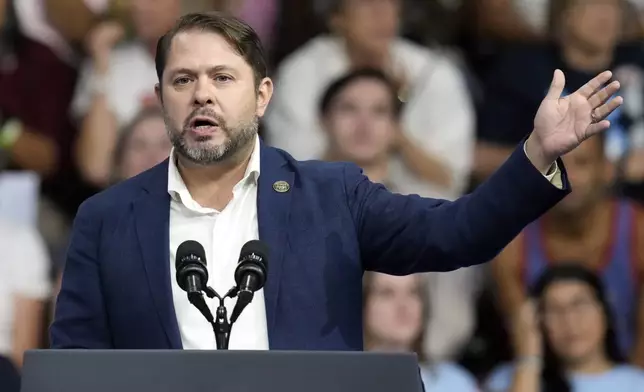 FILE - Rep. Ruben Gallego, D-Ariz., speaks before Democratic presidential nominee Vice President Kamala Harris and Democratic vice presidential nominee Minnesota Gov. Tim Walz at a campaign rally at Desert Diamond Arena, Friday, Aug. 9, 2024, in Glendale, Ariz. (AP Photo/Ross D. Franklin, File)