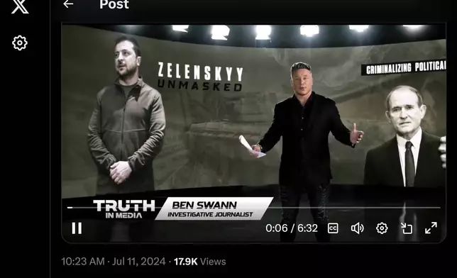 This image from Ben Swann's X social media account shows him in his video series "Zelenskyy Unmasked," posted on July 11, 2024. (AP Photo)