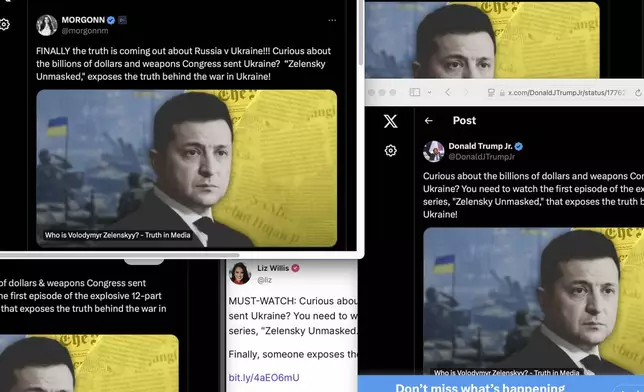 This image shows several webpages of posts on X and Truth Social from April 4-5, 2024, promoting the Ben Swann video series "Zelensky Unmasked." (AP Photo)