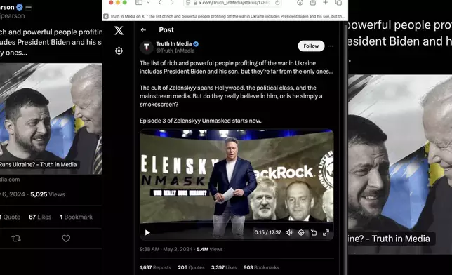 This image shows several webpages of posts on X from May 2-6, 2024, promoting the Ben Swann video series "Zelensky Unmasked." (AP Photo)