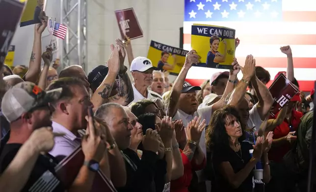 FILE - Supporters cheer as Republican candidate Kari Lake announces her plans to run for the Arizona U.S. Senate seat during a rally, Oct. 10, 2023, in Scottsdale, Ariz. (AP Photo/Ross D. Franklin, File)