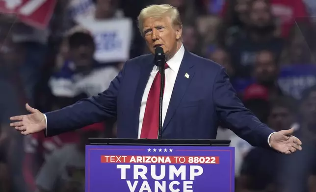 FILE - Republican presidential nominee former President Donald Trump speaks at a campaign rally, Aug. 23, 2024, in Glendale, Ariz. (AP Photo/Ross D. Franklin, File)