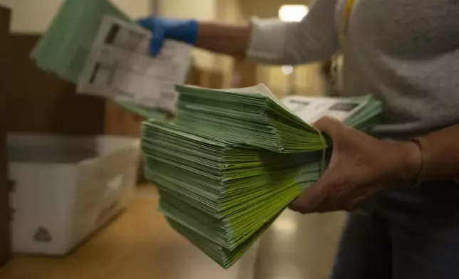 FILE - An election official sorts mail ballots at the Maricopa County Tabulation and Election Center in Phoenix, March 5, 2024. (AP Photo/Serkan Gurbuz, File)