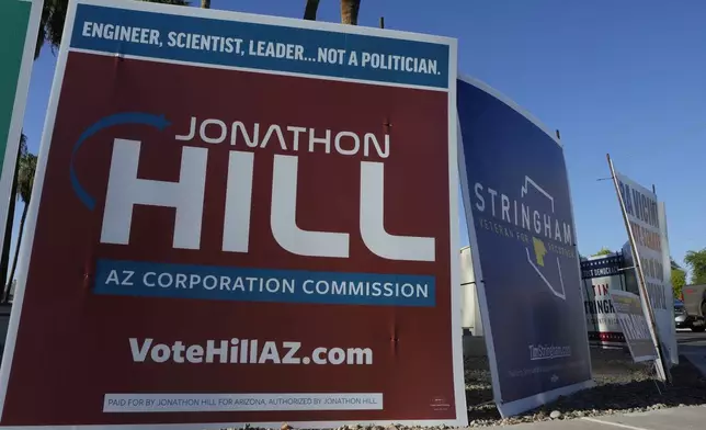 Some of the many political signs on display for the upcoming general election Thursday, Sept. 26, 2024, in Tempe, Ariz. (AP Photo/Ross D. Franklin)