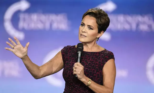 FILE - Kari Lake, Republican candidate for Senate in Arizona, speaks to supporters at a campaign event, Sept. 4, 2024, in Mesa, Ariz. (AP Photo/Ross D. Franklin, File)