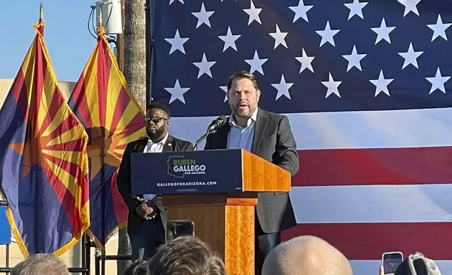 FILE - Democrat Ruben Gallego speaks to supporters at one of the first events of his 2024 Senate campaign in Phoenix, Jan. 28, 2023. (AP Photo/Jonathan J. Cooper, File)