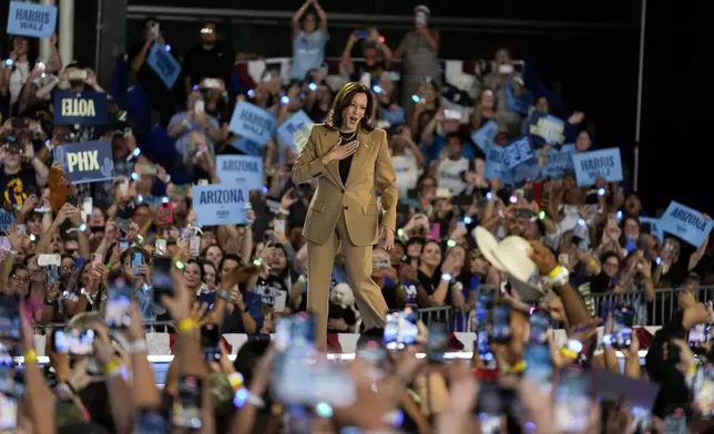 FILE - Democratic presidential nominee Vice President Kamala Harris arrives to speak Thursday, Oct. 10, 2024, on the Gila River Indian Community reservation in Chandler, Ariz. (AP Photo/Matt York, File)