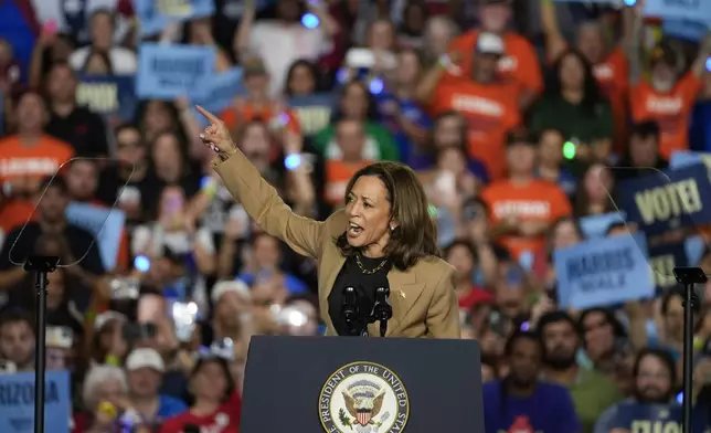 FILE - Democratic presidential nominee Vice President Kamala Harris speaks Thursday, Oct. 10, 2024, on the Gila River Indian Community reservation in Chandler, Ariz. (AP Photo/Matt York, File)