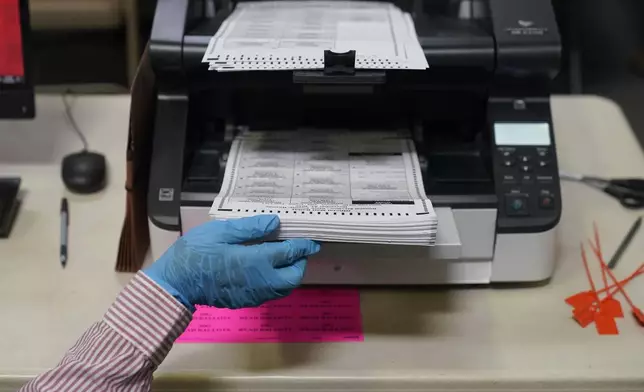 FILE - A county worker loads mail-in ballots into a scanner that records the votes at a tabulating area at the Clark County Election Department, Oct. 29, 2020, in Las Vegas. (AP Photo/John Locher, File)