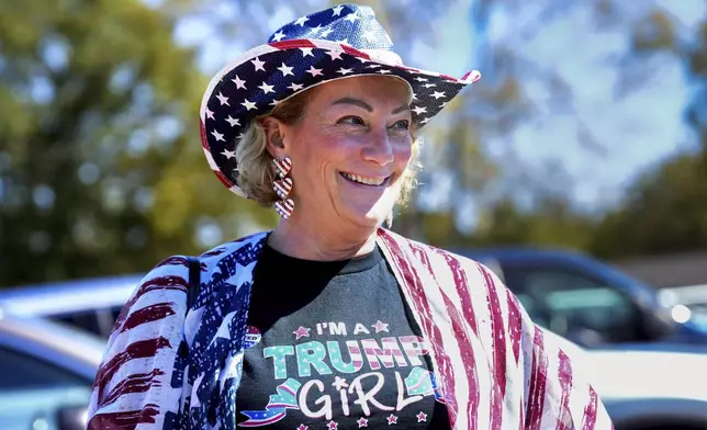 Trump supporter, Renee Kyro of Lake Lure, North Carolina at the Team Trump bus tour across North Carolina, Thursday, Oct. 17, 2024 in Rutherfordton, N.C. (AP Photo/Kathy Kmonicek)