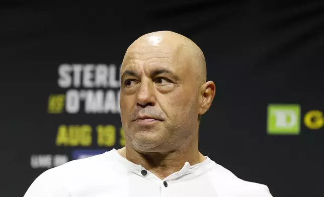 FILE - Joe Rogan is seen at the ceremonial weigh-in for the UFC 292 mixed martial arts event, Friday, Aug. 18, 2023, in Boston. (AP Photo/Gregory Payan, File)