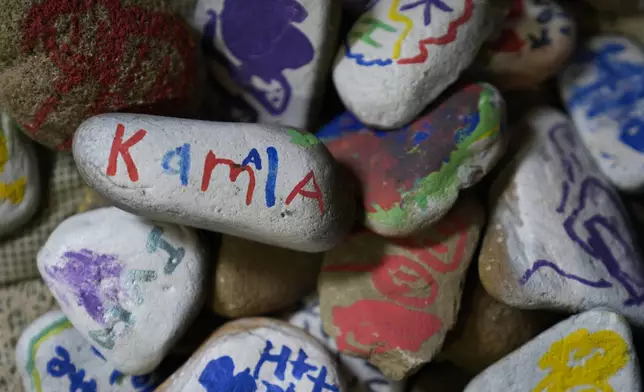 Painted rocks, including one expressing support for Democratic presidential nominee Vice President Kamala Harris are seen at Heidi Priest's home in Butler, Friday, Sept. 27, 2024. (AP Photo/Matt Rourke)