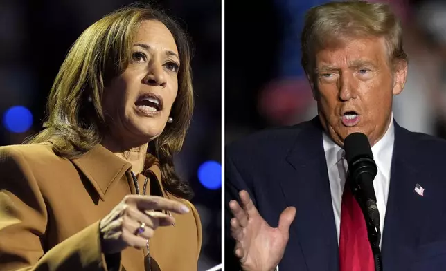 This combination of file photos shows Democratic presidential nominee Vice President Kamala Harris, left, speaking during a campaign rally in Kalamazoo, Mich., Oct. 26, 2024, and Republican presidential nominee former President Donald Trump, right, speaking during a campaign rally Oct. 22, 2024, in Greensboro, N.C. (AP Photo)