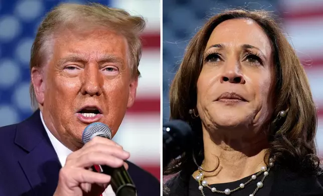 This combination of file photos shows Republican presidential nominee former President Donald Trump, left, speaking at at a town hall on Oct. 20, 2024, in Lancaster, Pa., and Democratic presidential nominee Vice President Kamala Harris, right, speaking at a campaign rally on Oct. 14, 2024, Erie, Pa. (AP Photo)