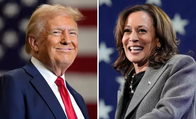 This combination of photos shows Republican presidential nominee former President Donald Trump, left, speaking at a campaign event Sept. 25, 2024, in Mint Hill, N.C., and Democratic presidential nominee Vice President Kamala Harris, right, speaking a campaign event Oct. 19, 2024, in Atlanta. (AP Photo)