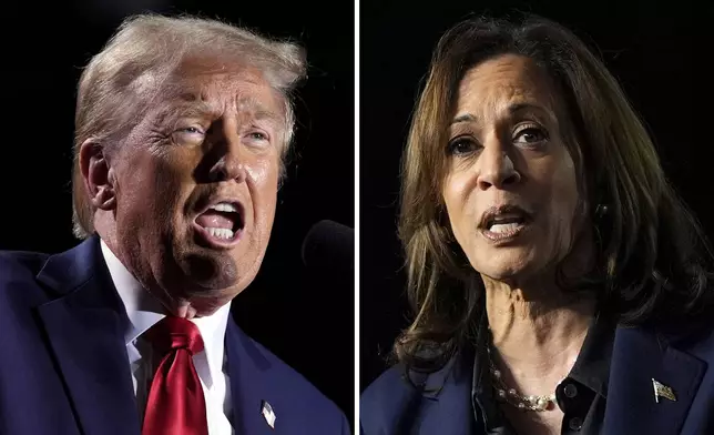 This combination of file photos shows Republican presidential nominee former President Donald Trump, left, speaking at a campaign rally, Oct. 18, 2024, in Detroit, and Democratic presidential nominee Vice President Kamala Harris, right, speaking at a campaign rally in Green Bay, Wis., Oct. 17, 2024. (AP Photo)