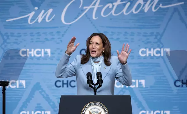 FILE - Democratic presidential nominee Vice President Kamala Harris waves to the crowd as she arrives at the Congressional Hispanic Caucus Institute (CHCI) Leadership Conference, Sept. 18, 2024. (AP Photo/Jose Luis Magana, File)