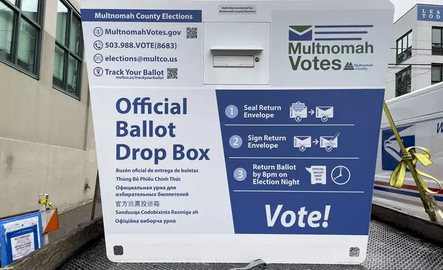 A new ballot drop box is unloaded on Monday, Oct. 28, 2024, in Portland, Ore. The Portland Police Bureau reported that officers and firefighters responded to a fire in one ballot drop box on Monday morning. (AP Photo/Claire Rush)