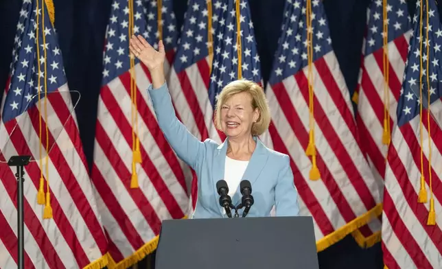 FILE - Sen. Tammy Baldwin, D-Wis.,speaks during a campaign event for Vice President Kamala Harris at West Allis Central High School, July 23, 2024, in West Allis, Wis. (AP Photo/Kayla Wolf, File)