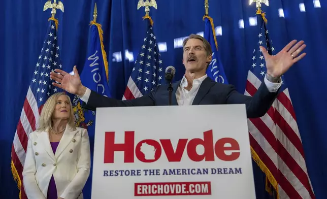 FILE - Eric Hovde, a Republican businessman and real estate mogul launched, announces he is running for U.S. Senate against Wisconsin Democratic incumbent Sen. Tammy Baldwin, Feb. 20, 2024, in Madison, Wis. (Mark Hoffman=wimil