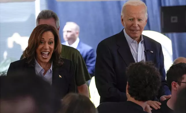 FILE - President Joe Biden, right, and Democratic presidential nominee Vice President Kamala Harris campaign at the IBEW Local Union #5 union hall in Pittsburgh, on Labor Day, Sept. 2, 2024. (AP Photo/Susan Walsh, File)