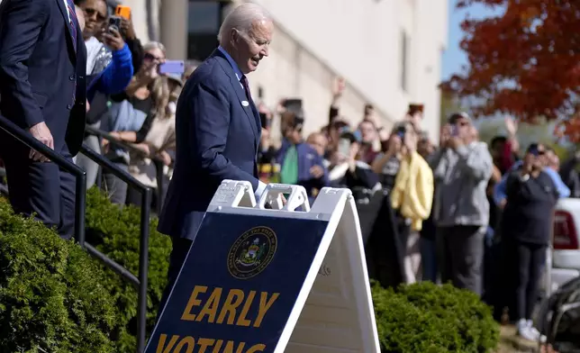 President Joe Biden departs a polling station after casting his early-voting ballot for the 2024 general elections, Monday, Oct. 28, 2024, in New Castle, Del. (AP Photo/Manuel Balce Ceneta)