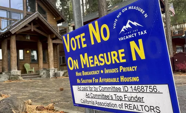 A "No on Measure N" sign sits in front of a home in South Lake Tahoe, Calif. on Thursday, Oct. 17, 2024, where voters will decide whether to approve Measure N, which will mandate a tax to homeowners who leave their homes vacant for more than half the year. (AP Photo/Haven Daley)