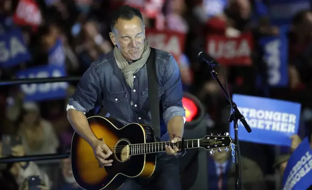 FILE - Bruce Springsteen performs during a Hillary Clinton campaign event at Independence Mall in Philadelphia, Nov. 7, 2016. (AP Photo/Matt Slocum, File)