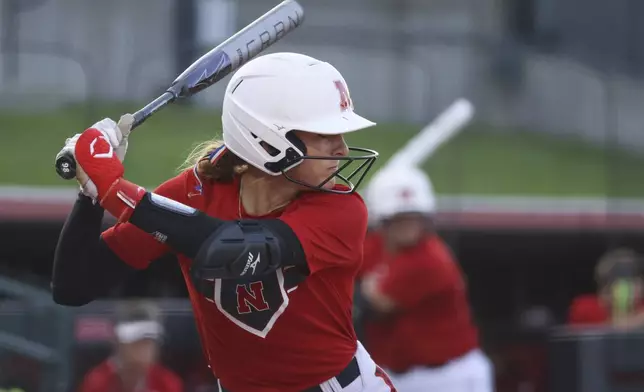 FILE - Nebraska's Jordy Bahl bats during a scrimmage, Thursday, Sept. 14, 2023, at Bowlin Stadium in Lincoln, Neb. (Nikos Frazier/Omaha World-Herald via AP, File)