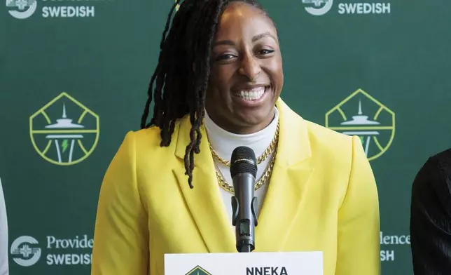 FILE - Seattle Storm player Nneka Ogwumike smiles at a press conference in Seattle, Monday, Feb. 19, 2024. (Erika Schultz/The Seattle Times via AP, File)