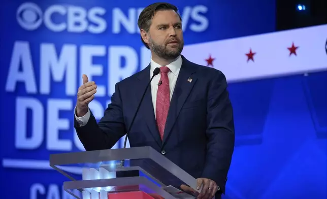 Republican vice presidential nominee Sen. JD Vance, R-Ohio, speaks during a vice presidential debate hosted by CBS News, with Democratic vice presidential candidate Minnesota Gov. Tim Walz, Tuesday, Oct. 1, 2024, in New York. (AP Photo/Matt Rourke)