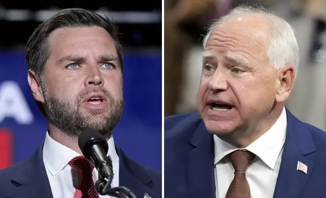 This combination of photos shows Republican vice presidential nominee Sen. JD Vance, R-Ohio, left, on Aug. 6, 2024, in Philadelphia, and Democratic vice presidential candidate Minnesota Gov. Tim Walz, Aug. 9, 2024, in Glendale, Ariz. (AP Photo)