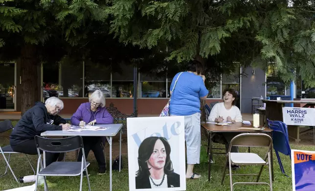 Ellen Shrum, Jeanette Rosenberg, Nancy Gulotta and Cannon Slayton write postcards at IX Art Park in Charlottesville, Va., Thursday, Oct. 10, 2024. Charlottesville Democrats meet weekly to make phone calls, write postcards and send texts to get out the vote. (AP Photo/Ryan M. Kelly)