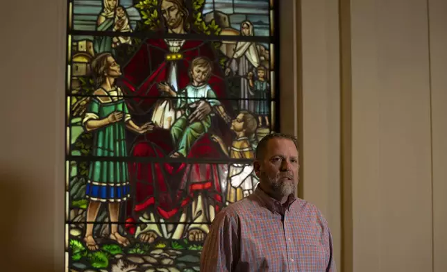 Pastor Rob Pochek of First Baptist Church poses for a portrait Oct. 10, 2024, in Charlottesville, Va. (AP Photo/Serkan Gurbuz)