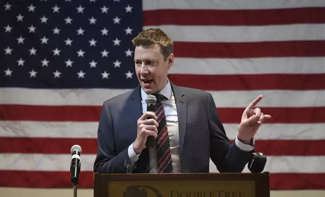 FILE - Josh Riley, New York's 19th Congressional District Democratic candidate, speaks to supporters gathered at his election party in Binghamton, N.Y., Nov. 8, 2022. (AP Photo/Heather Ainsworth, File)