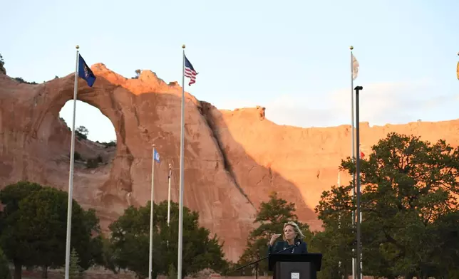 FILE - First lady Jill Biden speaks during a live radio address to the Navajo Nation at the Window Rock Navajo Tribal Park &amp; Veterans Memorial in Window Rock, Ariz., on Thursday, April 22, 2021.(Mandel Ngan/Pool via AP, File)