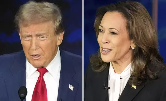 FILE - This combination of photos shows Republican presidential nominee former President Donald Trump, left, and Democratic presidential nominee Vice President Kamala Harris during an ABC News presidential debate at the National Constitution Center, Tuesday, Sept. 10, 2024, in Philadelphia. (AP Photo/Alex Brandon, File)